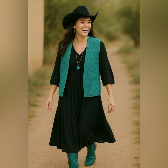 Handmade Chunky Knit Teal Blue Fisherman Core Oversized Vest  Size Large - Picture 1 of 9